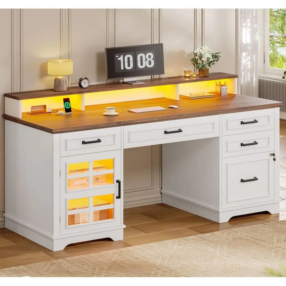 60 Executive Desk with Drawers, Home Office Desk with Power Outlet and LED Light, Wood Computer Desk with Monitor Stand, Locking
