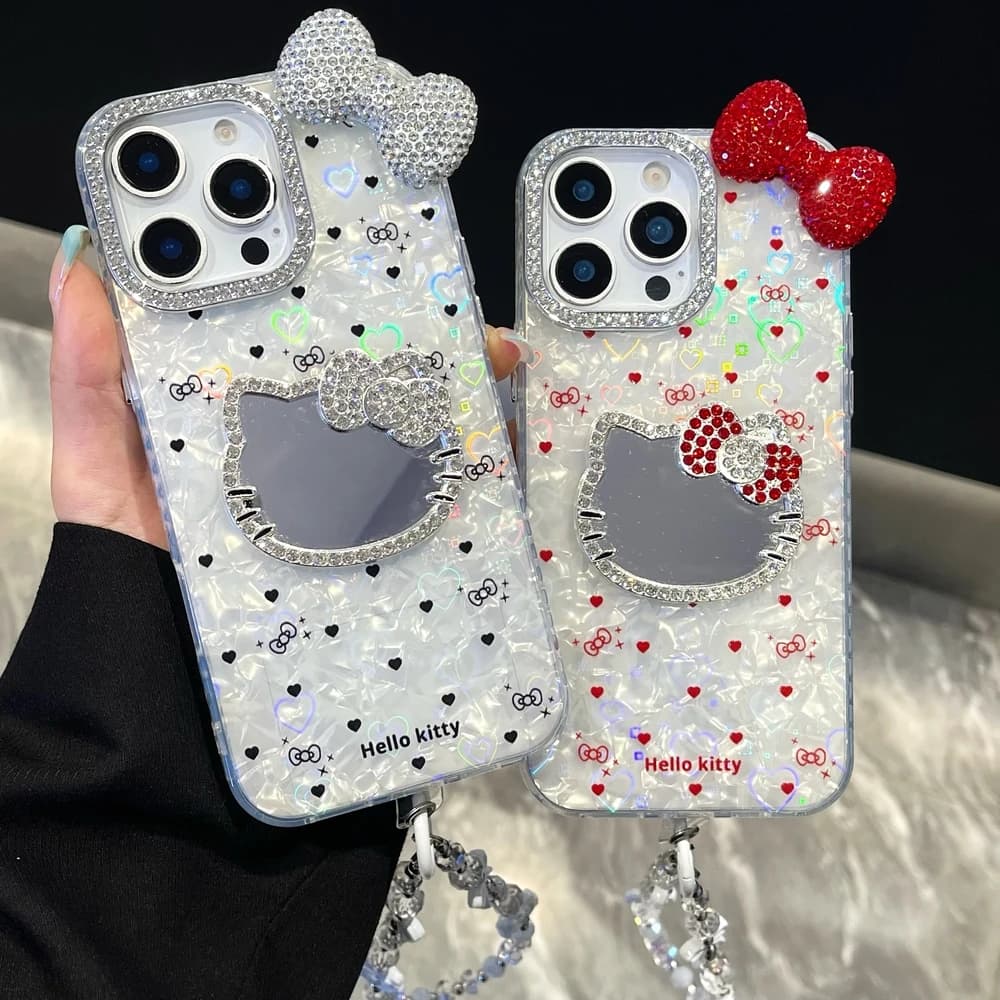 3D Cute Cartoon Sanrio Y2K Hello Kitty Bling Glitter Cassa del telefono per iPhone 16 15 14 13 12 11 Pro Max Custodie Copertura della superficie a specchio