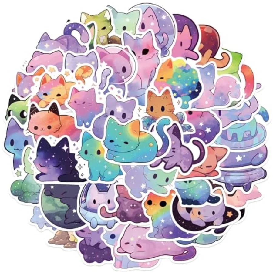 50 Pezzi Adesivi Cartoon Gatto Arcobaleno Cielo Stellato, Decalcomanie Olografiche Scintillanti, Adesivi Animali Carini per Bottiglie d'Acqua, Laptop, Skateboard