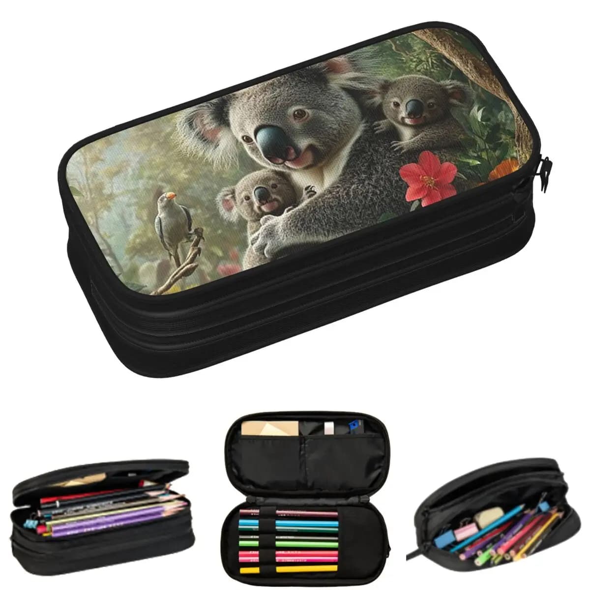 Pen holder with koala family on a tree branch, gift for students, large pen holder case