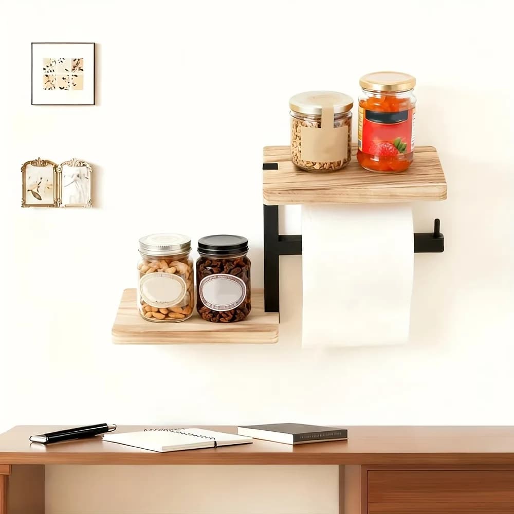 1pc Wooden Wall Mounted Bathroom Wallpaper Rack Toilet Paper Roll Holder Black Hanging Tissue Roll Dispenser Kitchen Accessories
