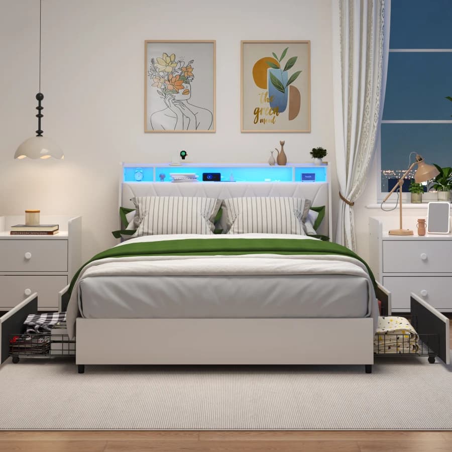 Queen Bed Frame with Ergonomic Headboard, Platform Bed Frame Queen Size with Outlets and Charger and LED Light, Metal Bed Frame