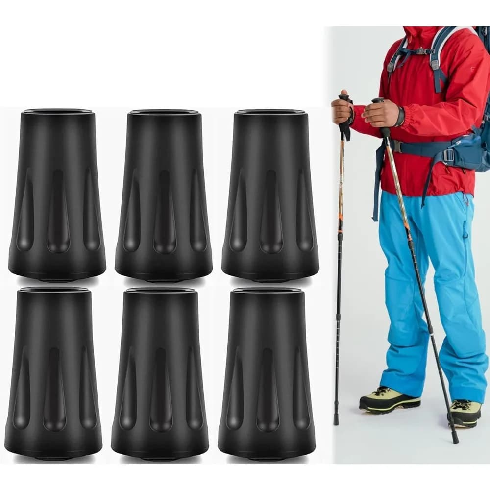 6-Pack Heavy Duty Walking Stick Tips - Reinforced Rubber Ferrules for Trekking Poles, Hiking Sticks & Canes - Universal Fit Non-Slip Replacement Caps