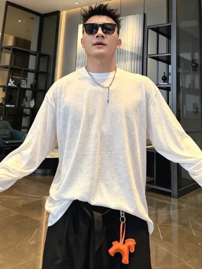 Lightweight Loose Long Sleeve Sun Protection Shirt Thin Veil Linen Mesh Covering Trendy T-Shirt for Men Breathable Comfortable