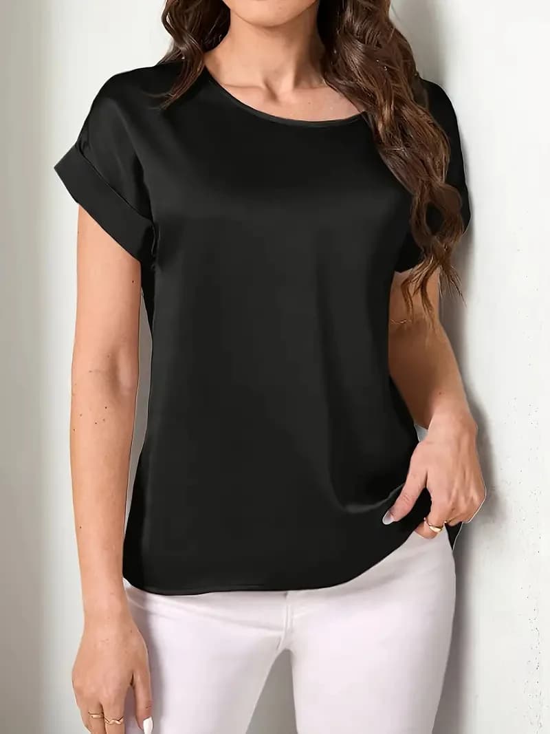 2025 Women's Clothing Summer New Style Simple Crew Neckline Solid Color Light Sensation Short sleeves Wide T-shirt