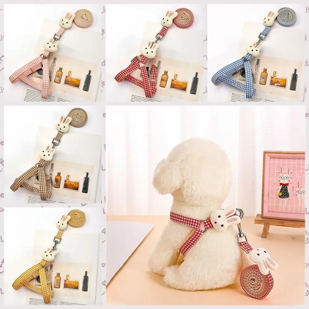 Pet Harness Rabbit Doll Dog Plaid Chest Vest Adjustable With Leash Rabbit Doll Dog Harness Cloth Dog Chest Strap Puppy