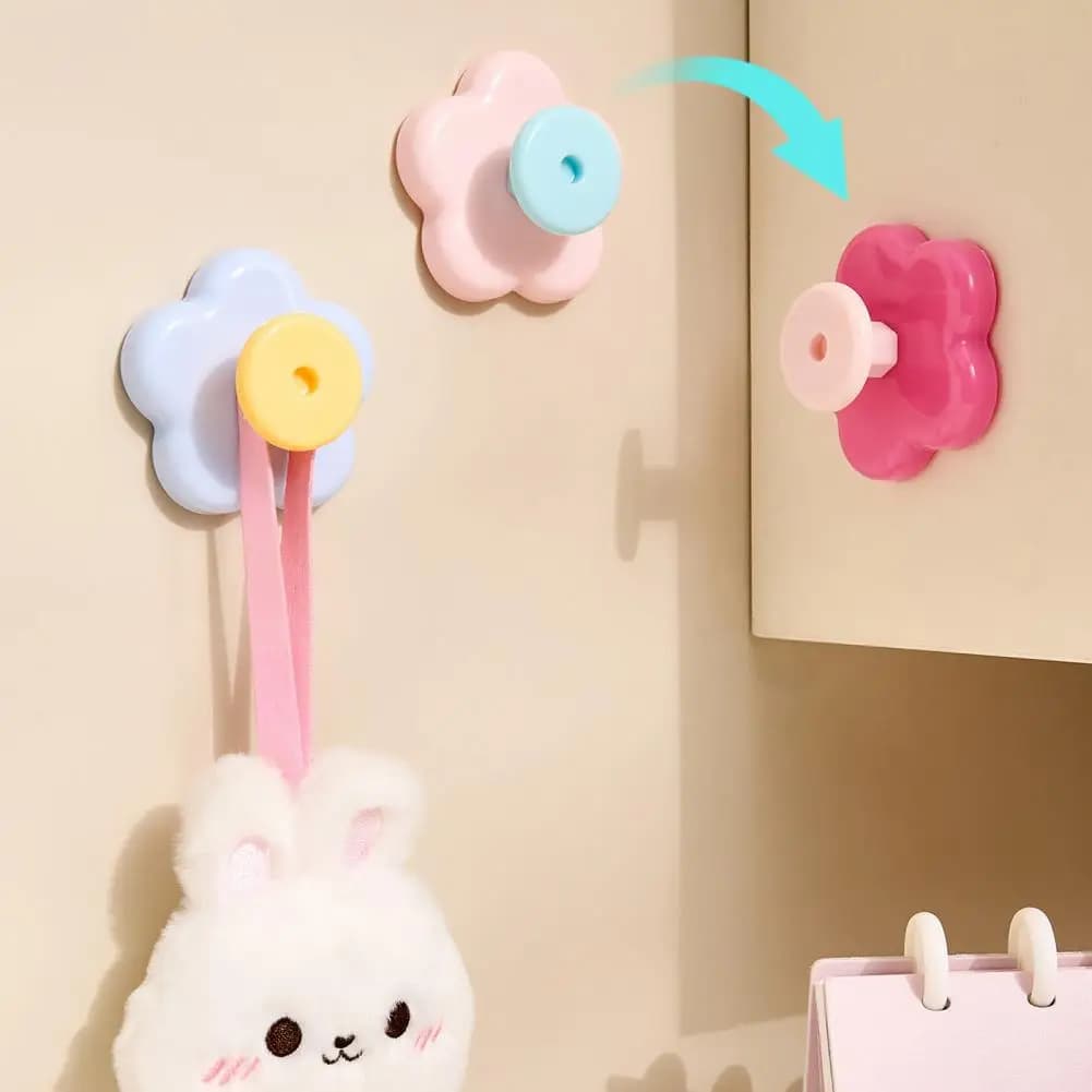 Install Cabinet Hook Flower Shape Suction Cup Hooks No-drill Plastic Cabinet Handles Rotatable Knob Adjustable for Kitchen