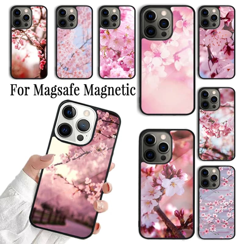 Cover per iPhone con Motivo Floreale di Fiori di Ciliegio per iPhone 17 AIR 16 15 14 13 12 11 Pro Max Plus, Custodia Magnetica Wireless Magsafe