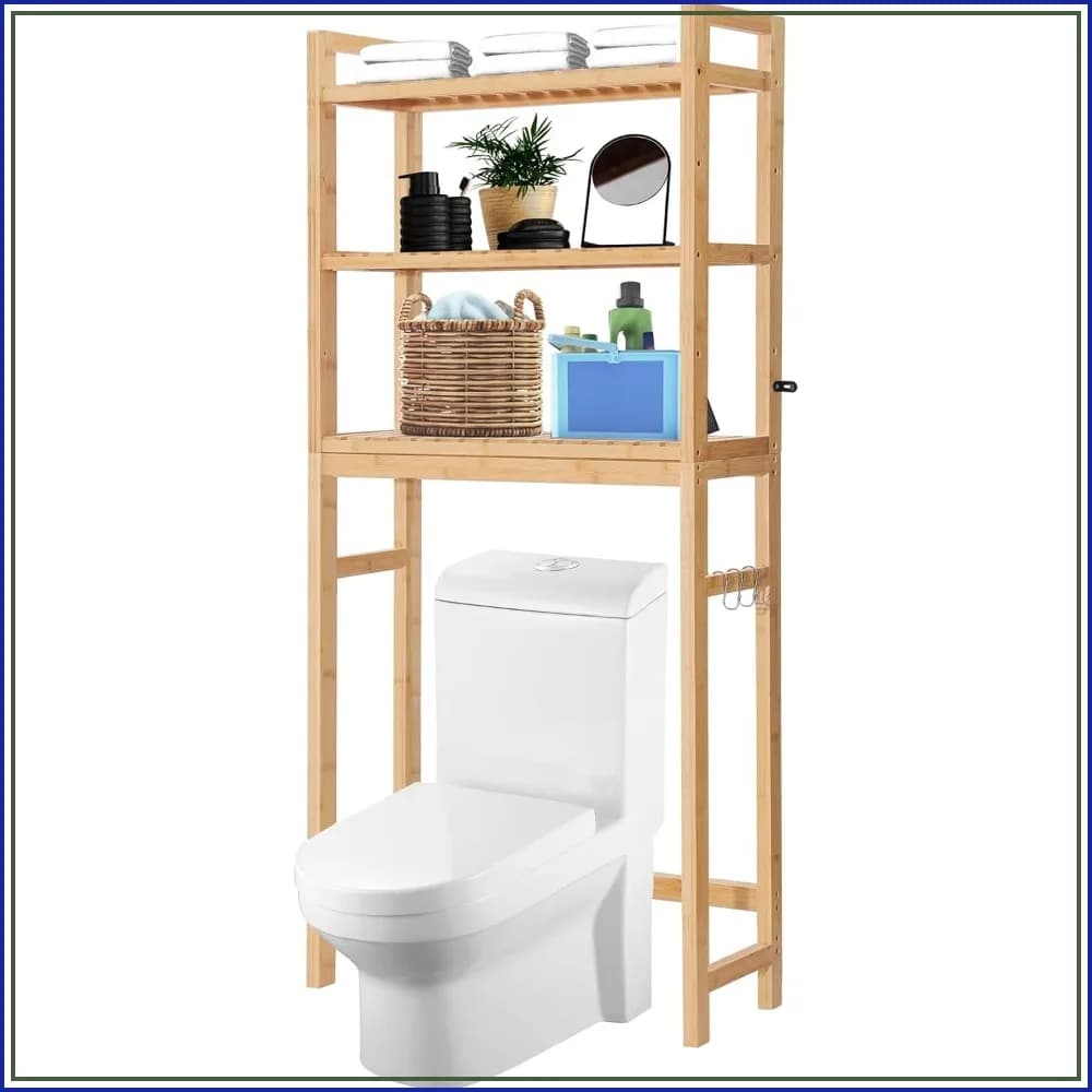 Adjustable 3-Tier Bamboo Over Toilet Storage Shelf with 3 Hooks, Freestanding Bathroom Organizer, 67" H, Natural