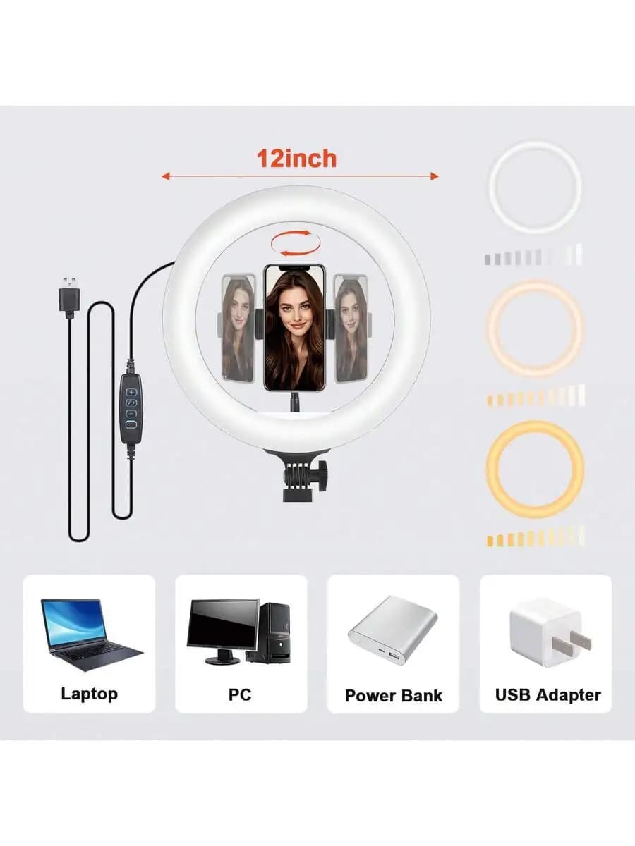 12 Inch LED Ring Light With Tripod 3 Color Modes 10 Dimmable Levels Phone Holder 360° Ball Head