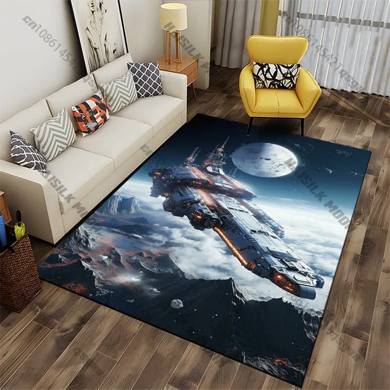Tappeto futuristico con astronave sopra un pianeta alieno, tappeto da yoga, decorazione per soggiorno, tappetino per bambini, zerbino, tappeto per area gioco