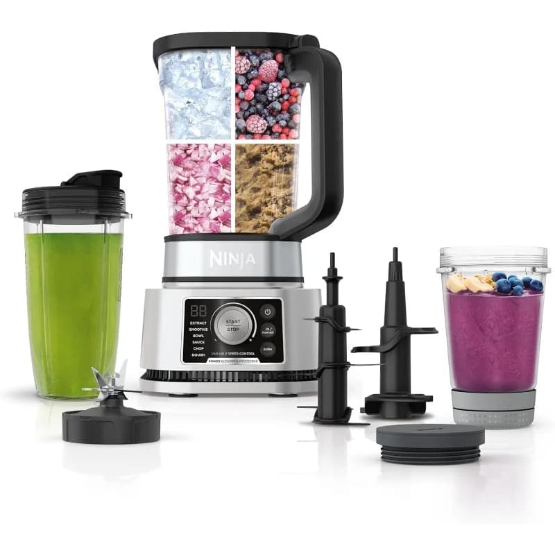Frullatore Ninja per Cucina, Sistema Combo Robot da Cucina, Preparatore di Smoothie ed Estrattore di Nutrienti, 72 oz. Bicchieri Pitcher &To-Go, Argento, SS351