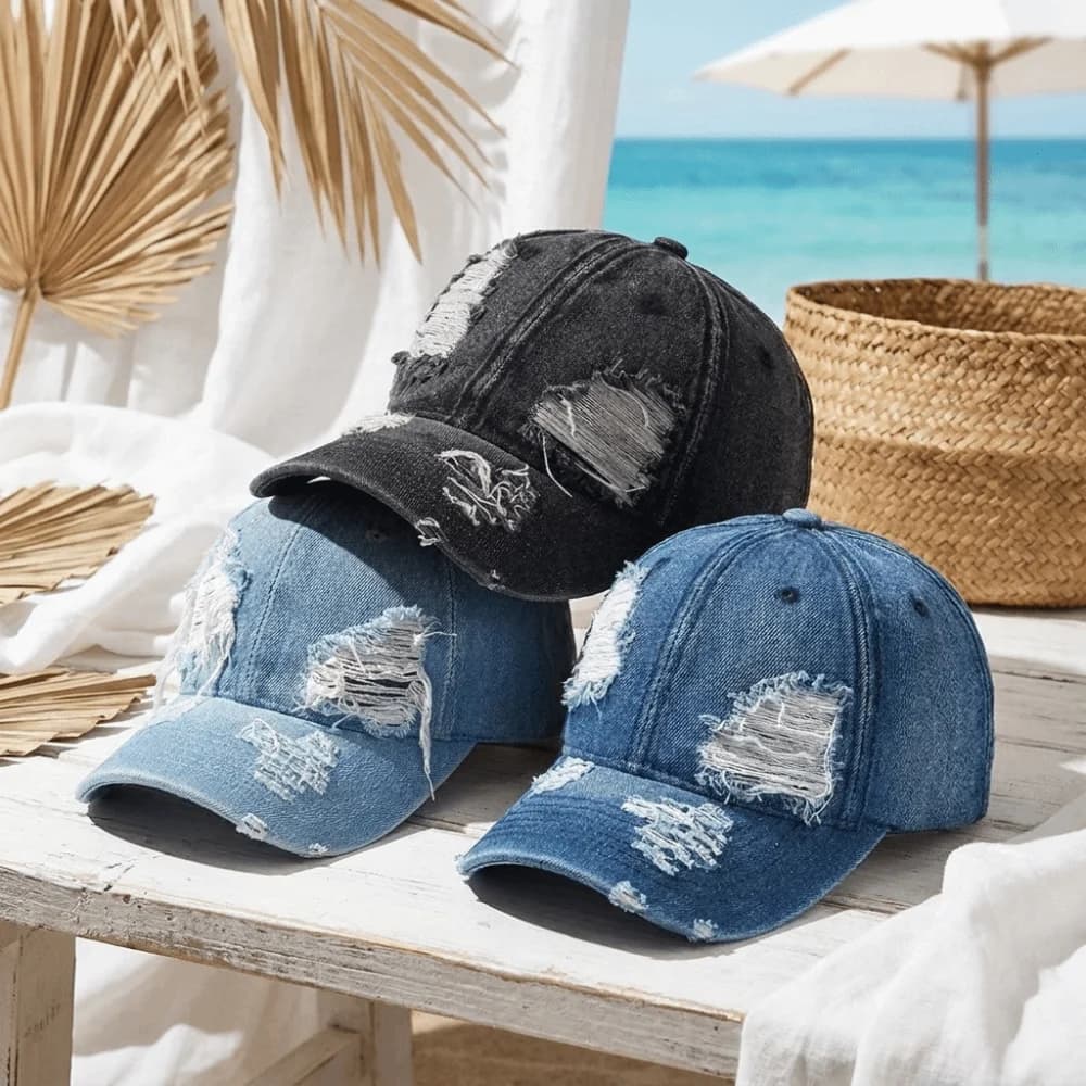 Versatile Ripped Washed Denim Baseball Cap Distressed Soft Top Duckbill Cap Plain Panel Curved Brim Sun Hat Street Wear