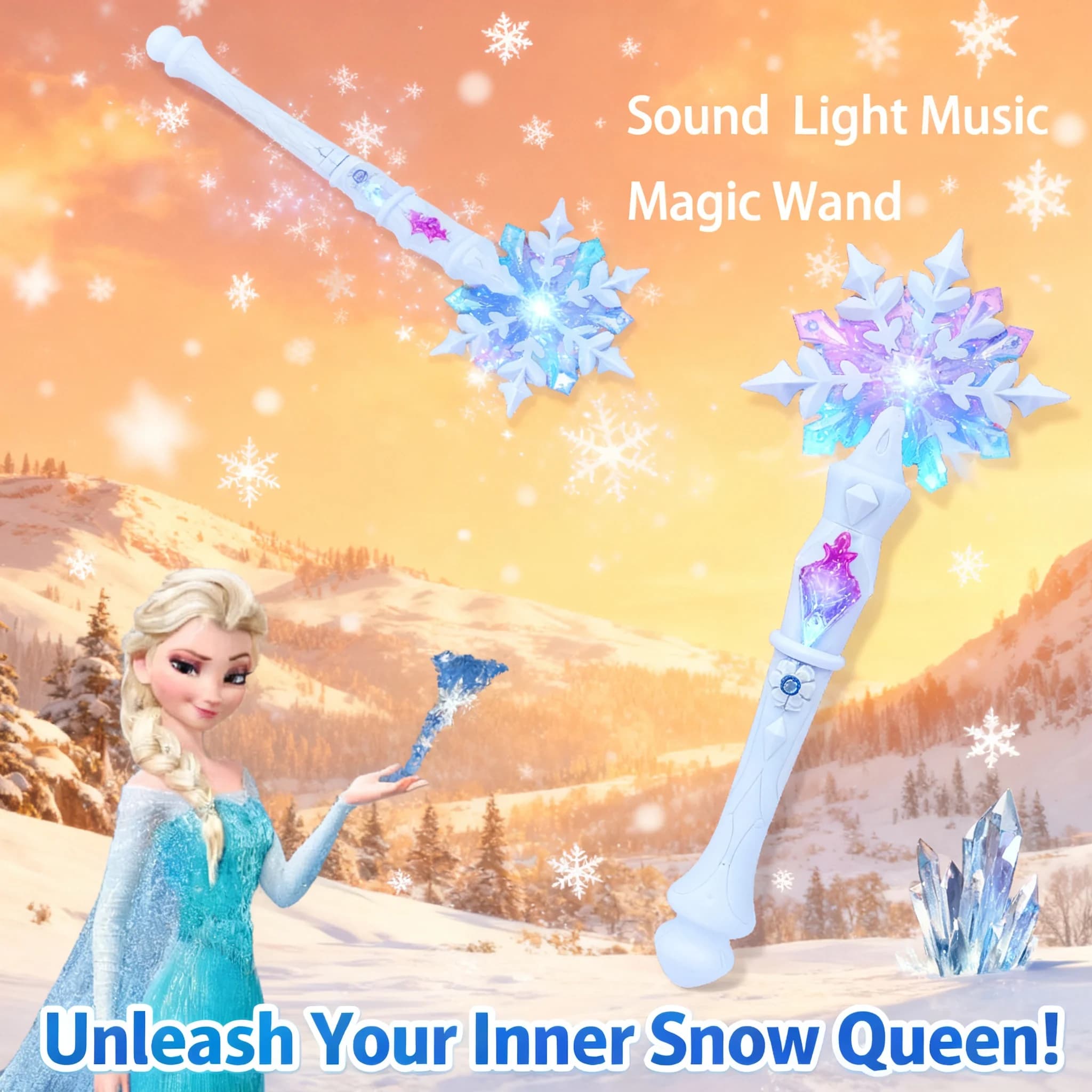 Bacchetta magica Disney Frozen Elsa Snowflake con suono e luce luminosa, accessorio per cosplay, giocattolo per ragazze, principessa, Natale, Halloween