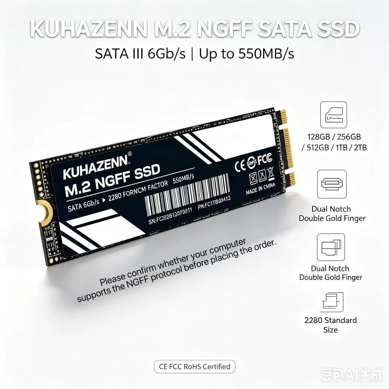 1TB M.2 2280 SATA SSD(Not PCle NVMe), Internal M.2 SSD with Key for Desktop/Laptop,550M/S,SATAIII 6Gbps NGFF Solid State Driv