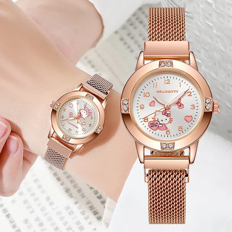 Fashion Hello Kitty Diamond Ladies Cat Bow Kawaii Pink Ladies Gold Sliver Metal Jewelry Cartoon Magnetic Watch for Girls