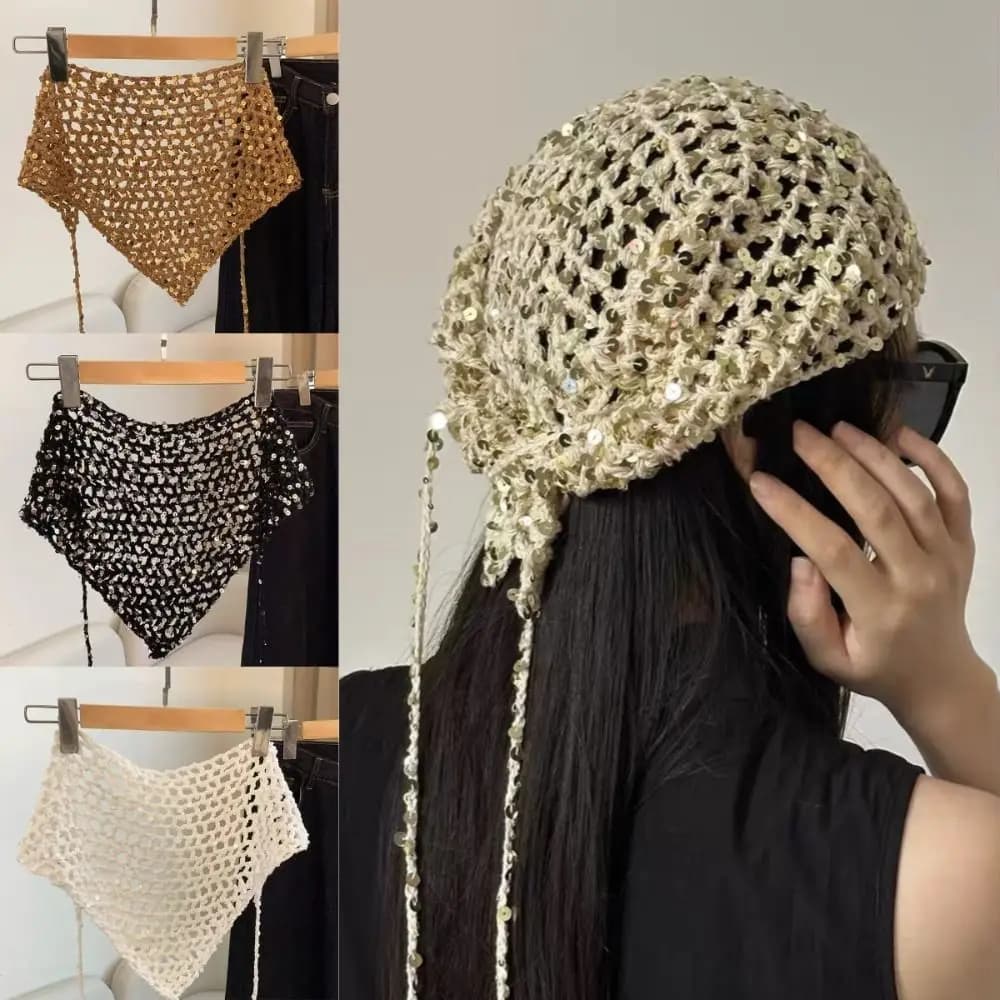 Fascia per capelli alla moda con paillettes, stile Ins, lavorata a maglia, a triangolo, versatile, stile Y2K, per viaggi estivi