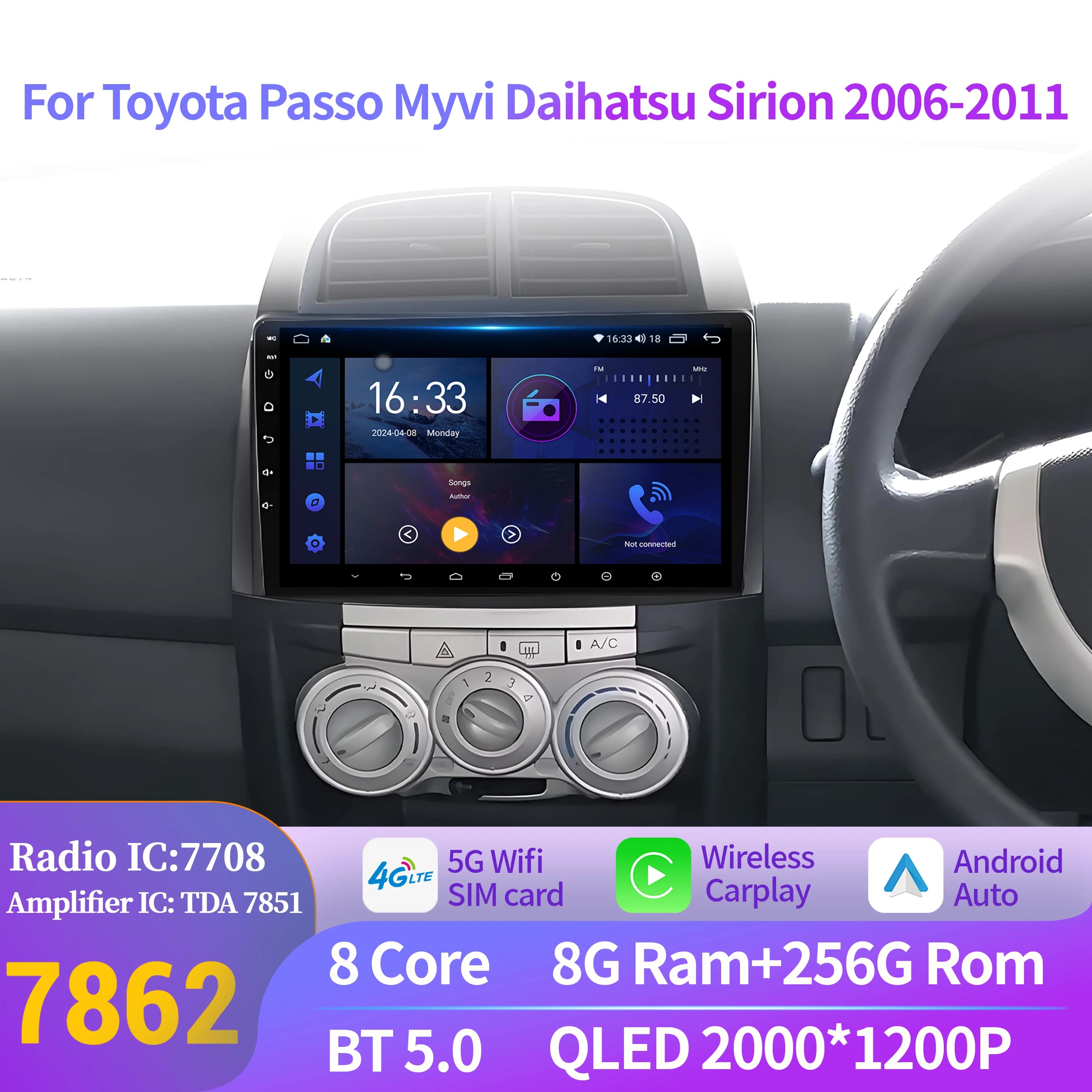 Android 14 Per Toyota Passo Myvi Daihatsu Sirion 2006-2011 Autoradio Lettore Multimediale di Navigazione 7862 8 + 256 2K QLED Schermo