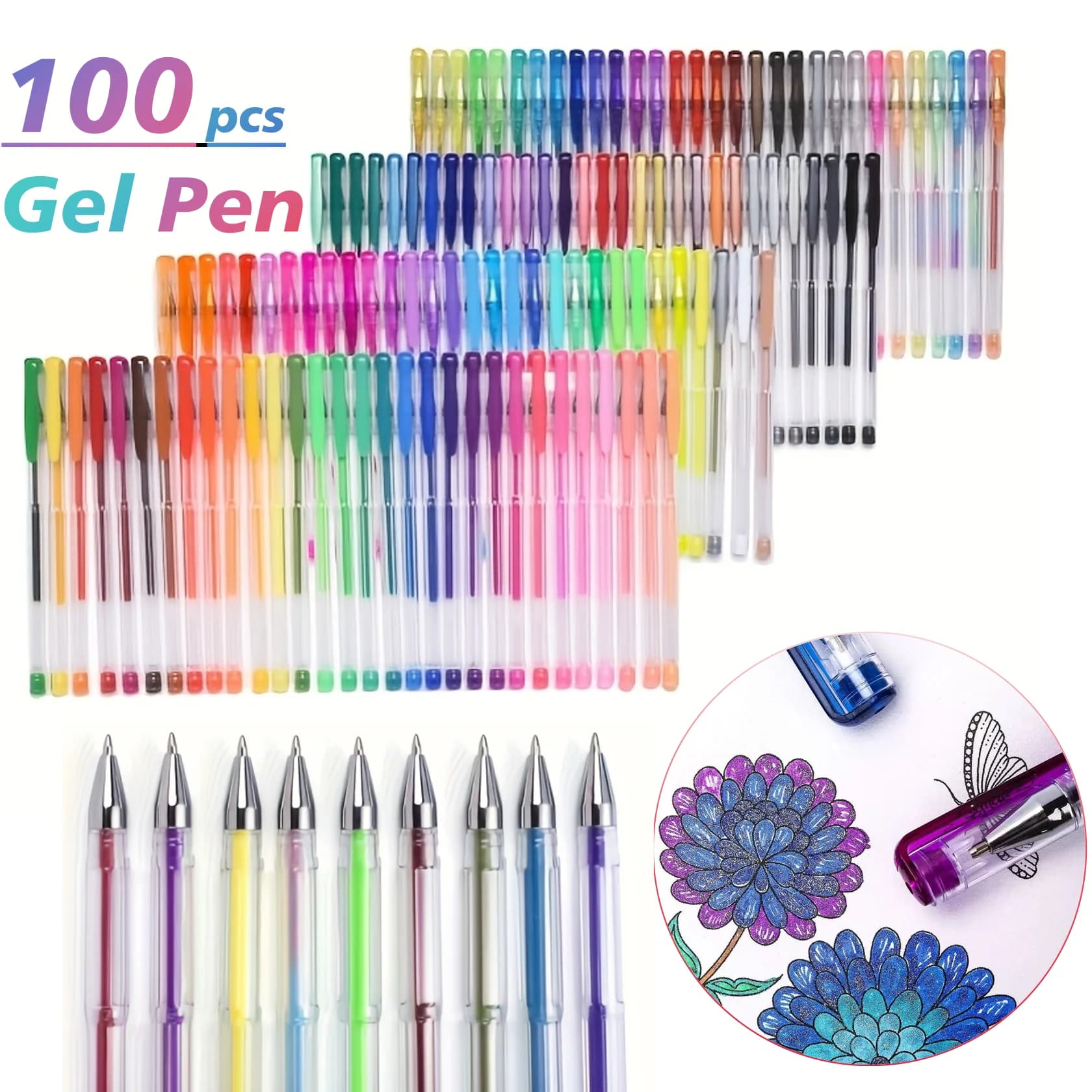 Glitter Gel Pens Set, 100 Colors Metallic Pastel Highlighter Marker Pens for Journaling, Drawing, Scrapbooking, DIY Crafts