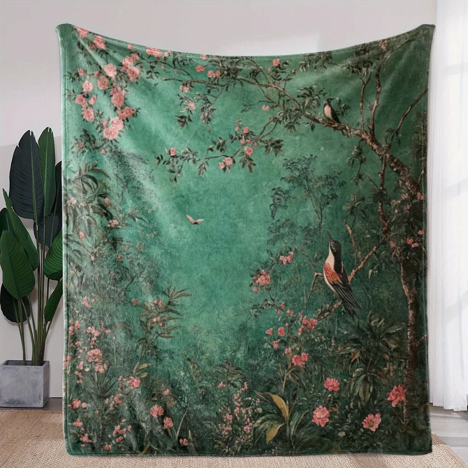[1pc Vintage Floral Blanket] 1pc Soft & Warm Vintage Floral Tree & Bird Print Flannel Blanket | Polyester Fabric, Ideal for Sofa