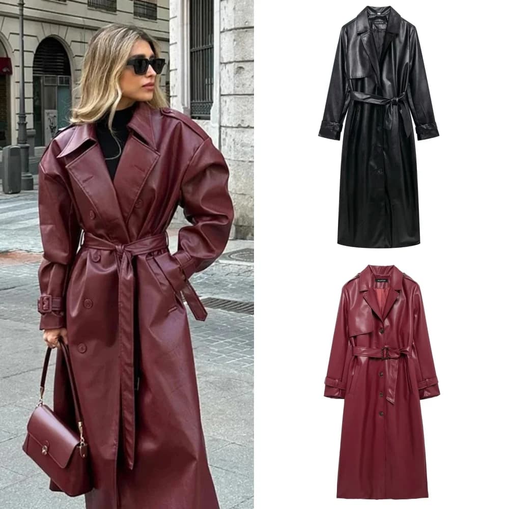 2024 new fashion women's long style single-breasted coat leather long sleeved pockets vintage women's coat