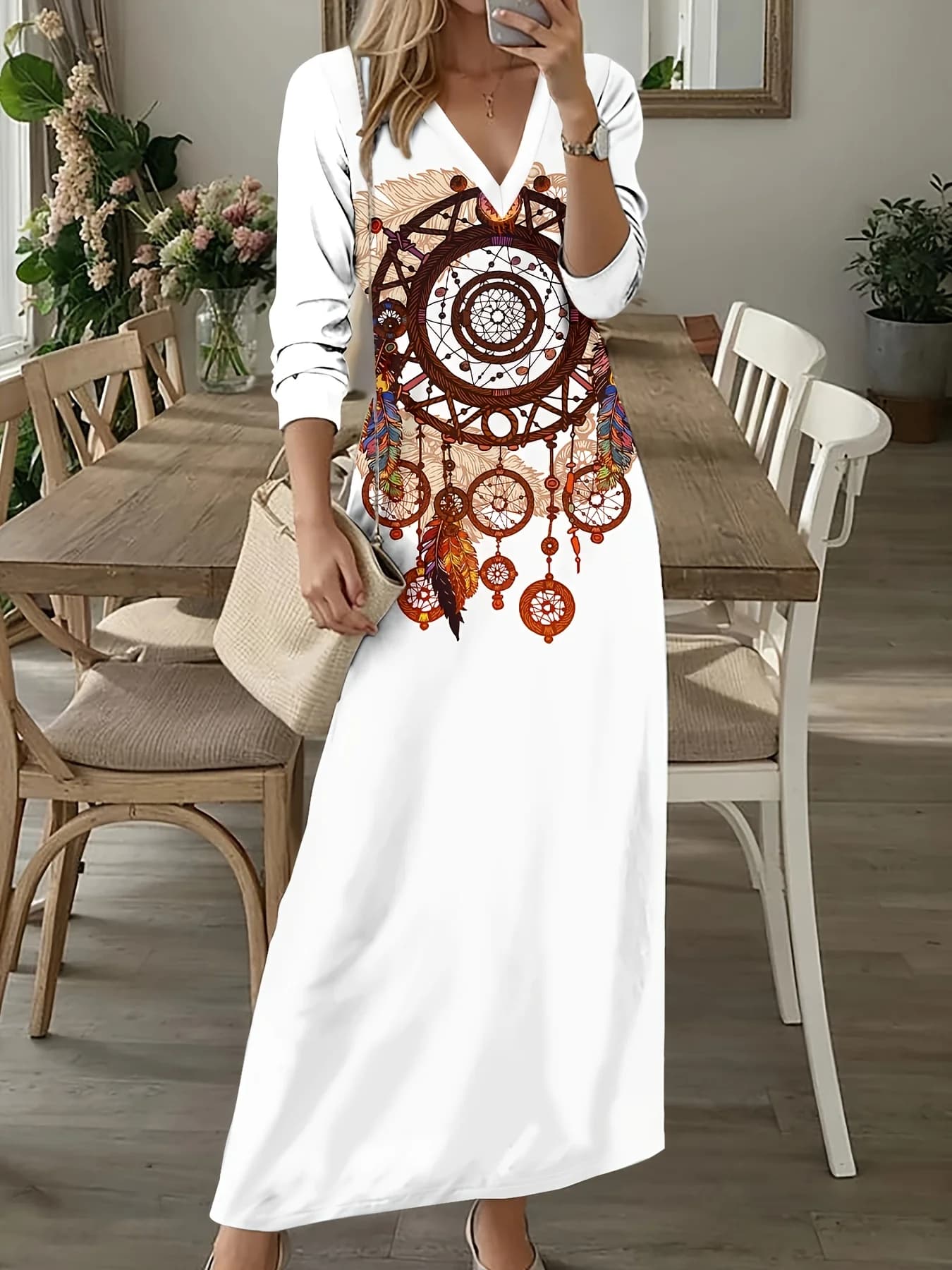 Dreamcatcher Pattern With Feathers And Circles Printed Design elegant style long-sleeved dress