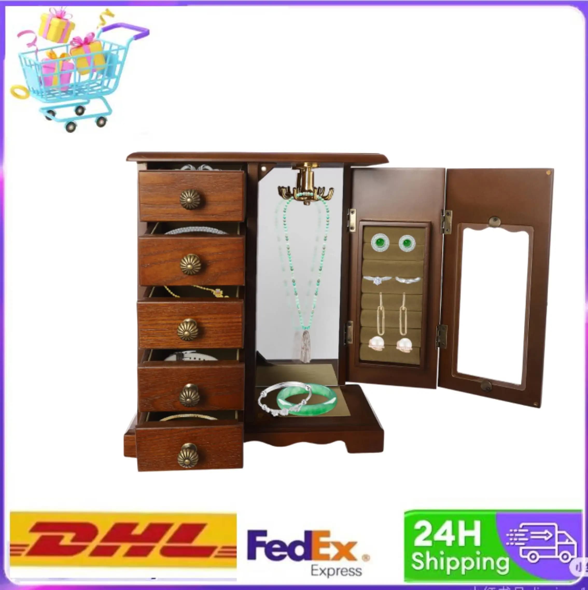 Dark Wooden Jewelry Box Velvet Drawer Ring Necklaces Earrings Luxury jewelry box Organizer display