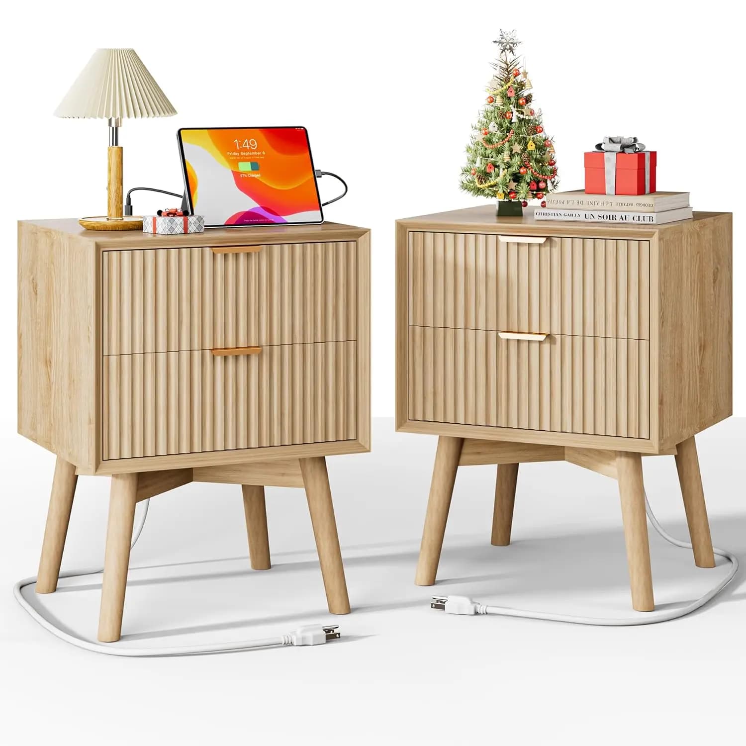 Set di 2 Comodini Moderni con Bordo Smussato, Design Scanalato, Gambe in Legno Massello, 2 Cassetti, Comodini Personalizzabili per Camera da Letto