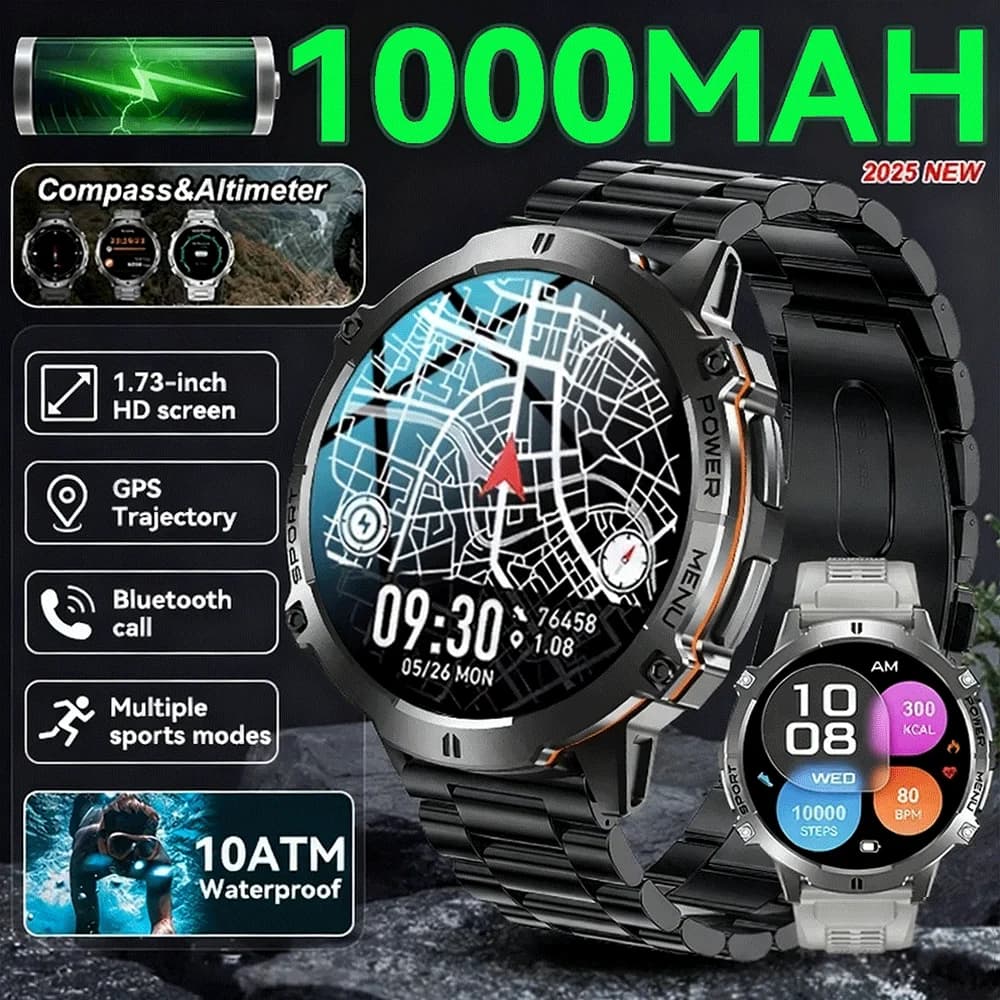 Nuovo Smartwatch Militare TRE X3 2026 con Batteria da 1000mAh, Schermo da 1,73 Pollici, Impermeabile 5ATM, GPS, Altimetro, Chiamate Bluetooth per Uomo