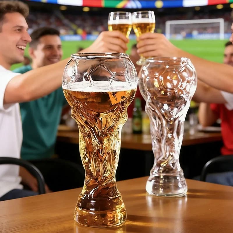 Bicchiere da birra a forma di trofeo di calcio, in vetro resistente al calore, per bar, appassionati, riunioni di famiglia, pub, feste, regali per fan, articoli per bevande