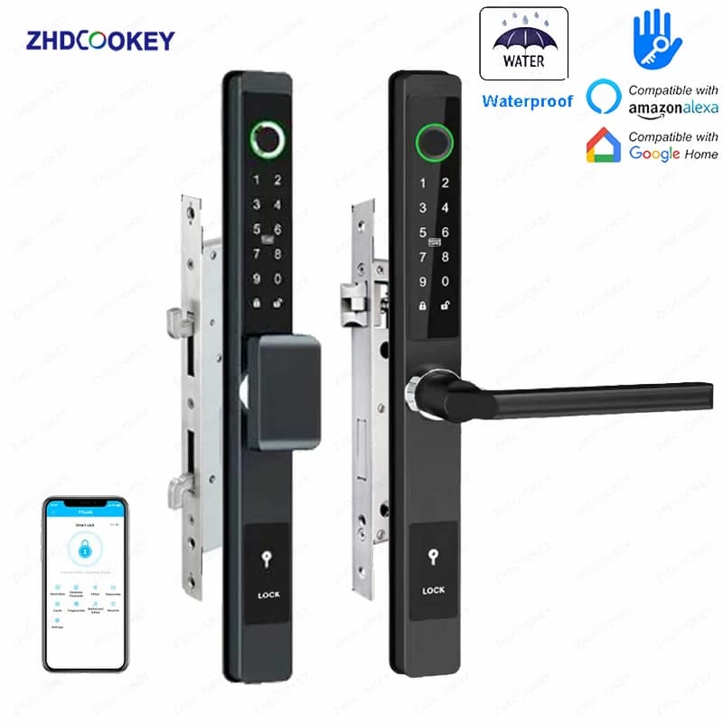Serratura Digitale Biometrica ZHDCOOKEY, Impermeabile, con App TTLock, BLE, Impronta Digitale, Carta RFID, Password, Serratura Intelligente per Porte Scorrevoli in Alluminio