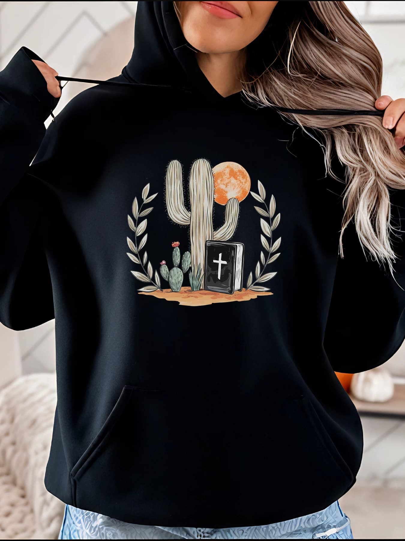 Hoodie with cactus print and Bible, Boho style casual with moon and bay design for women to wear everyday