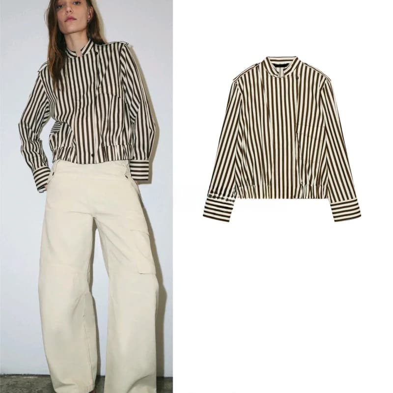 Nuova Giacca Primaverile da Donna Stile Pilota, Camicia a Righe a Maniche Lunghe con Collo Semi-Alto, Casual, Slim Fit, in Fibra di Poliestere, Traspirante e Delicata sulla Pelle