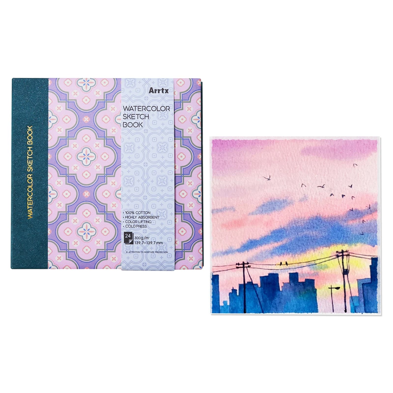 Arrtx Watercolor Sketchbook, 300g 100% Cotton 24 Sheets Paper, Hardcover Watercolor Journal, Travel Notebook for Art Drawing