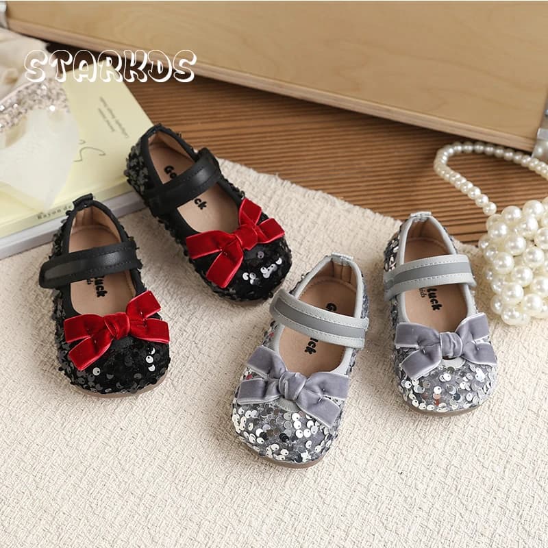 Perlage Sequins Bowknot Ballet Flats Baby Girl Glitter Mary Jane Loafers Toddler Kids Soft Sole Stage Bling Dress Velvet Shoes