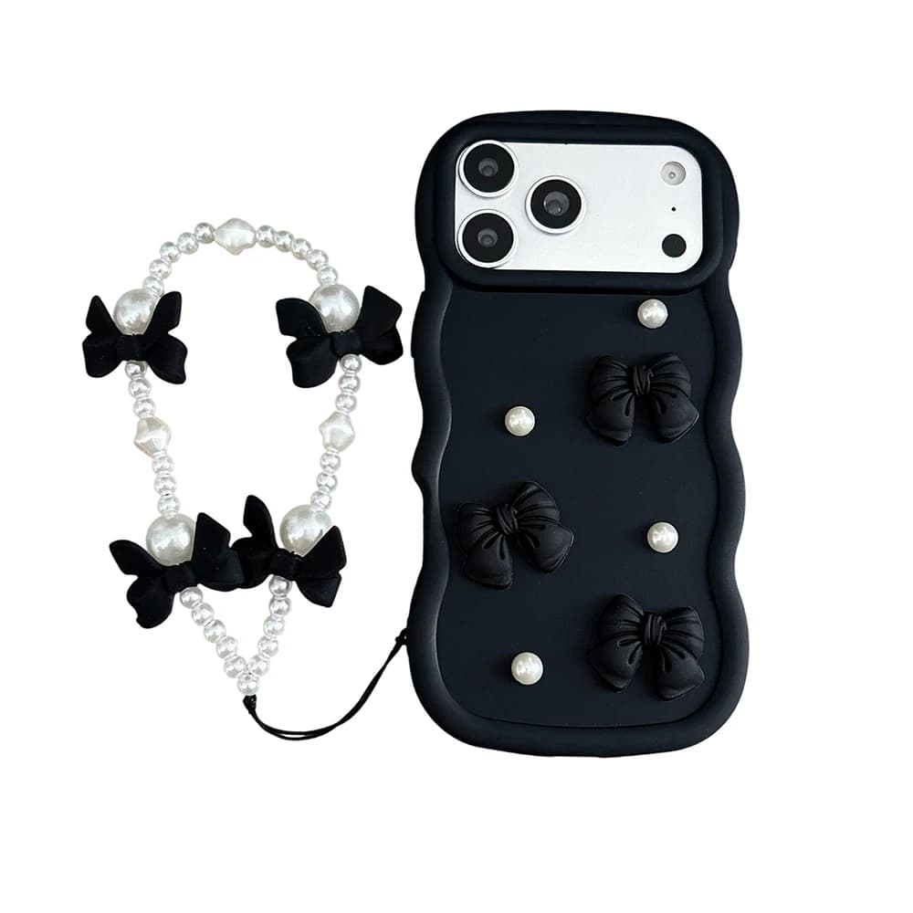 Custodia per telefono in silicone ondulata 3D con fiocco e perle, simpatica, per Samsung Galaxy S26 S25 S24 S23 Ultra Plus S21 S20 FE con catenella