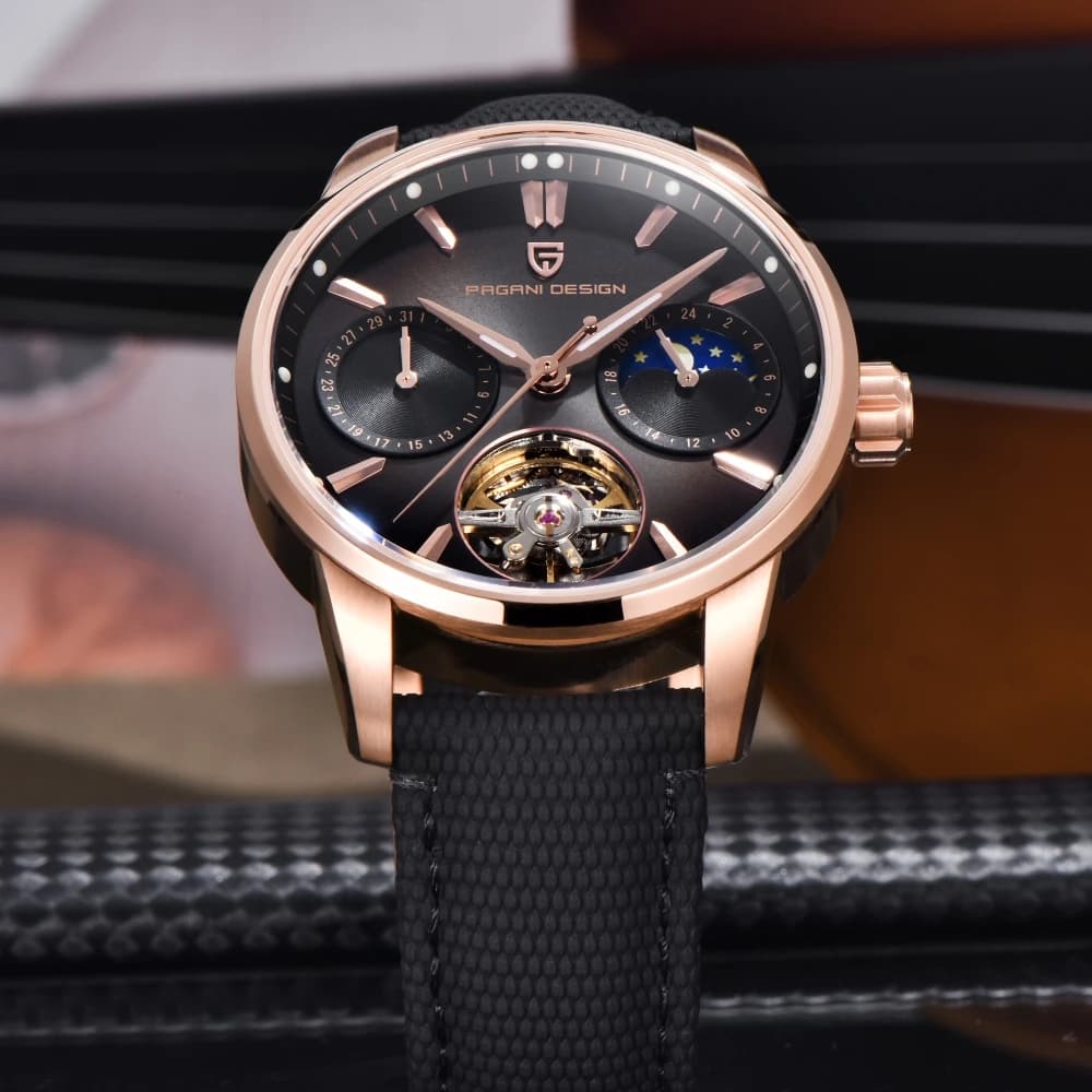 PAGANI DESIGN 2025 41MM Pilota Hollow Moon Phase Tempo libero Moda Uomo Orologio meccanico Vetro zaffiro Orologi automatici PD-YS021