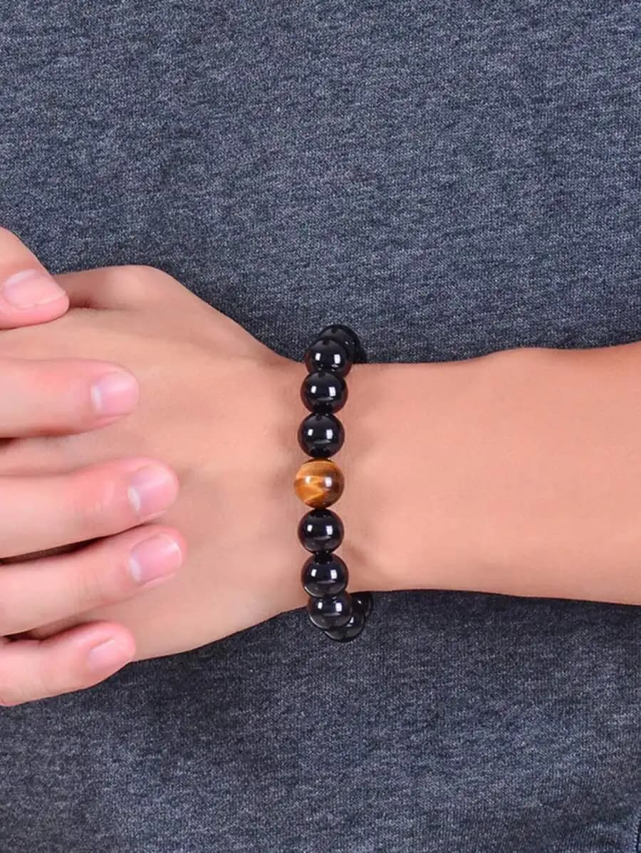 Bracciale con perline di agata nera naturale con una vera pietra occhio di tigre per uomo