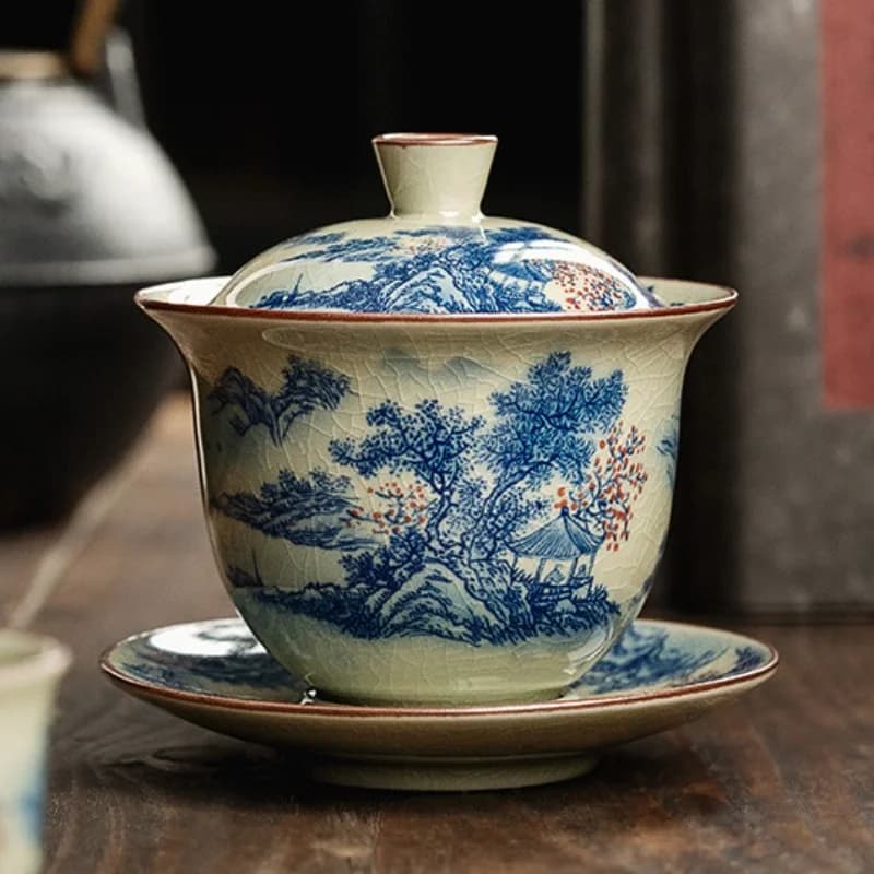 Jingdezhen‑made Antique‑Style Blue‑and‑White Dyed Rivers and Mountains Three‑talent Gaiwan Large Kung‑fu Tea Bowl Holiday Gift