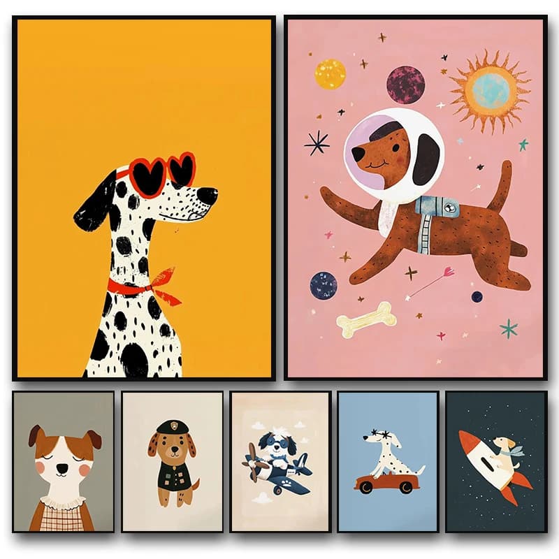 Colorful illustrations of cartoon dogs Posters Paintings on canvas Cute animals Nordic art images of the wall Decorations for asylum home Frameless