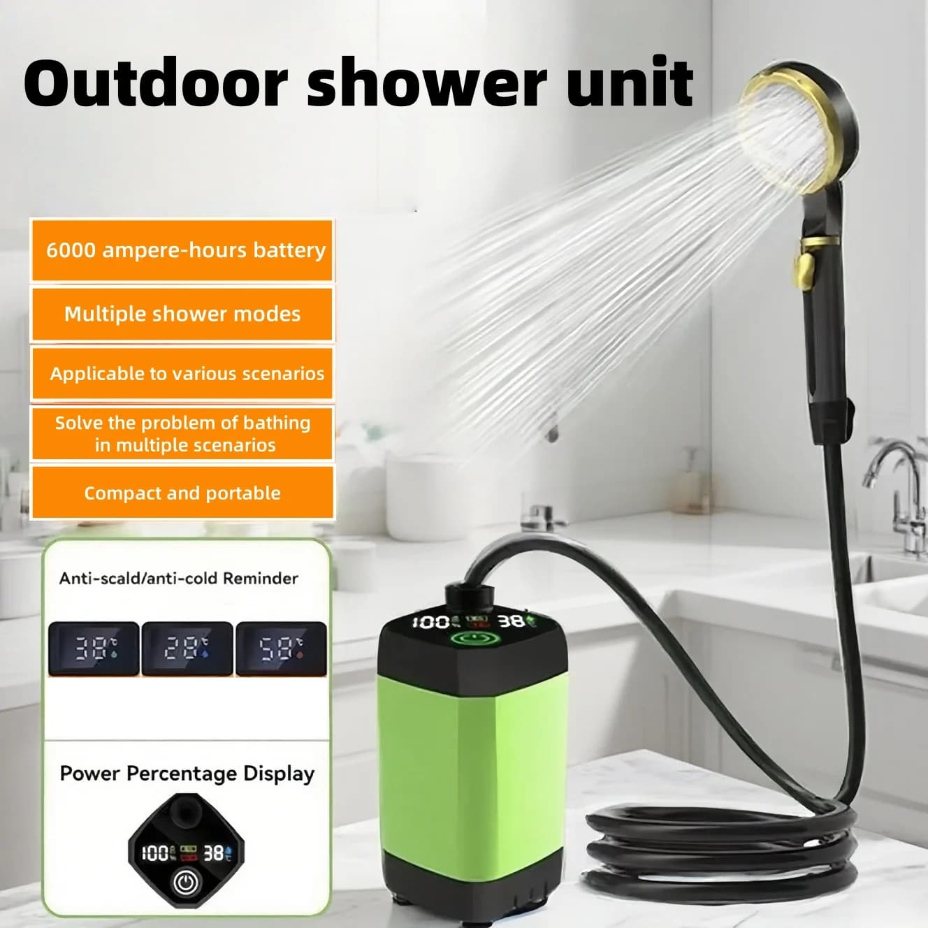 Portable outdoor shower, with long-lasting battery, suitable for camping use, baths and yards.