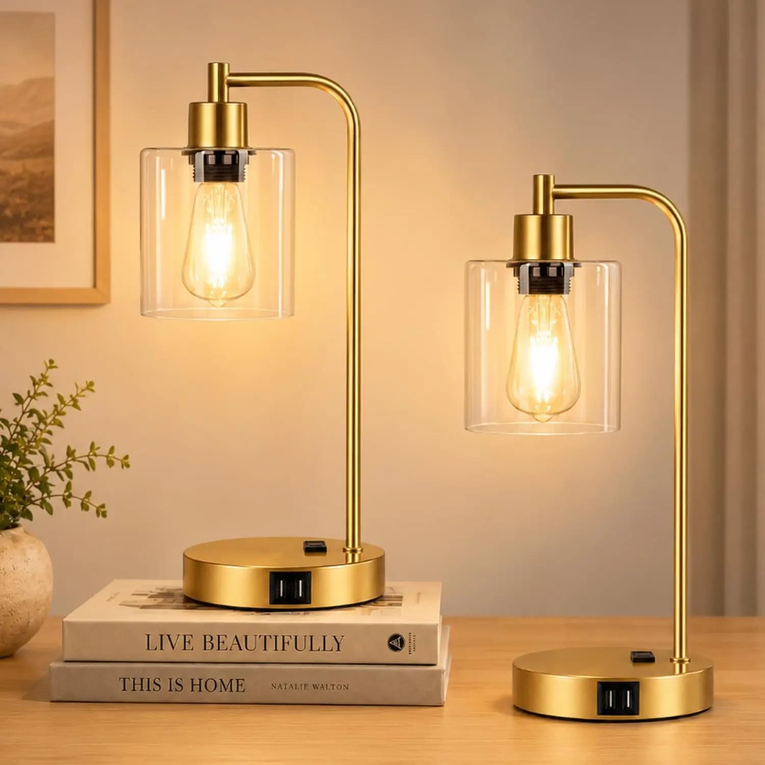 Touch Control Table Lamps Set of 2 - Gold Nightstand Lamps with USB & Outlet, 3-Way Dimmable Desk Lamp for Bedroom