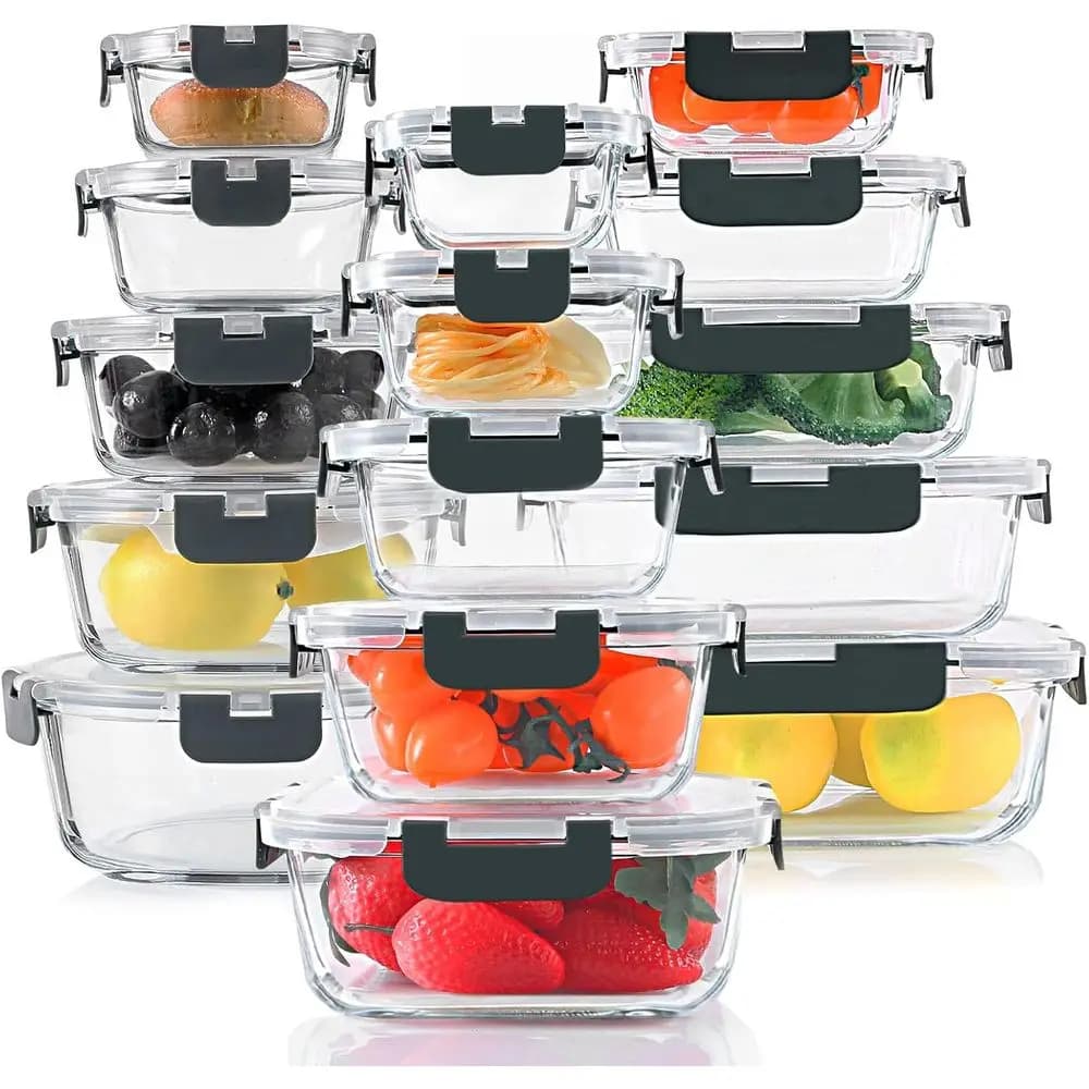 Set di contenitori per alimenti in vetro da 30 pezzi, set di contenitori per la preparazione dei pasti in vetro con coperchi a scatto, contenitori per pranzo ermetici per