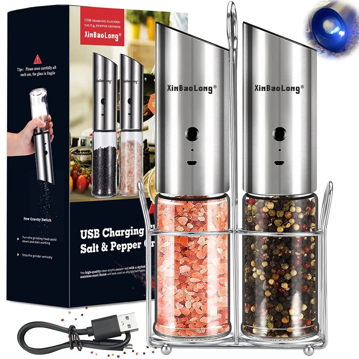 Set macinapepe elettrico da 2 pezzi, set macina sale e pepe ricaricabile USB, macina sale e pepe elettrico