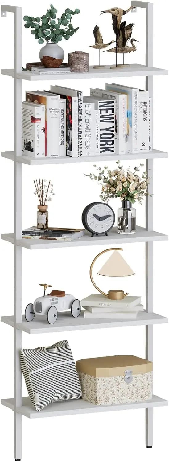 5 shelves, White Wood Library with Metal Structure for Home Organization and Storage, Office, Kitchen, Bedroom