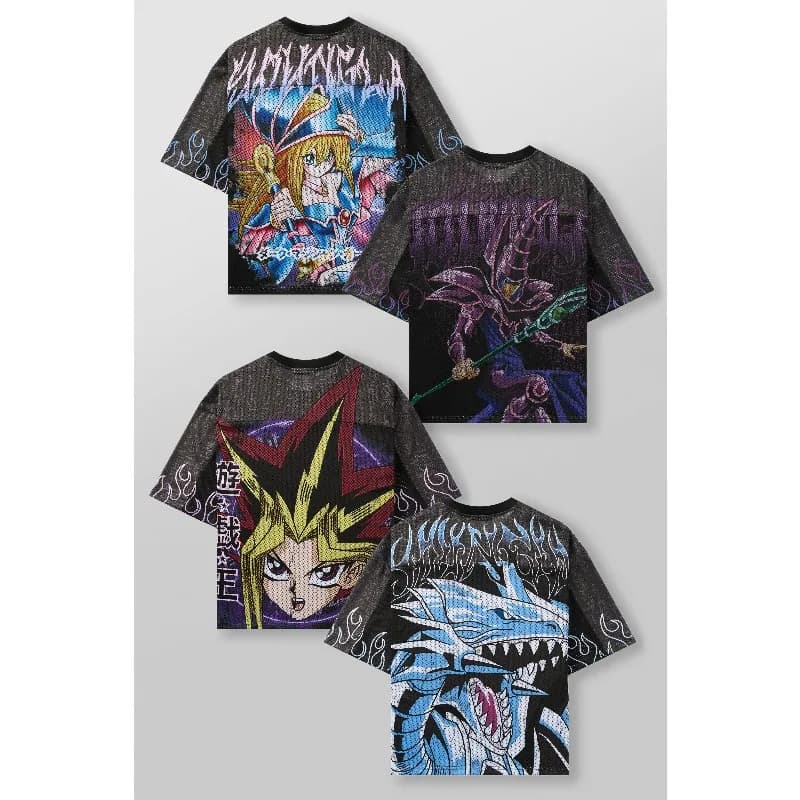 New Yu-Gi-Oh Anime Mesh T-shirt Oversized Drop Shoulder Black Mesh Crewneck Harajuku Street Fan Merch Comic Con Daily Shirts