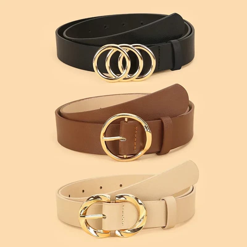 3Pcs Triple Ring Buckle Belt Set Elegant Solid Color Waist Strap Versatile for Women Jeans Dress Skirt Daily Office Shopping Dating Party Gift