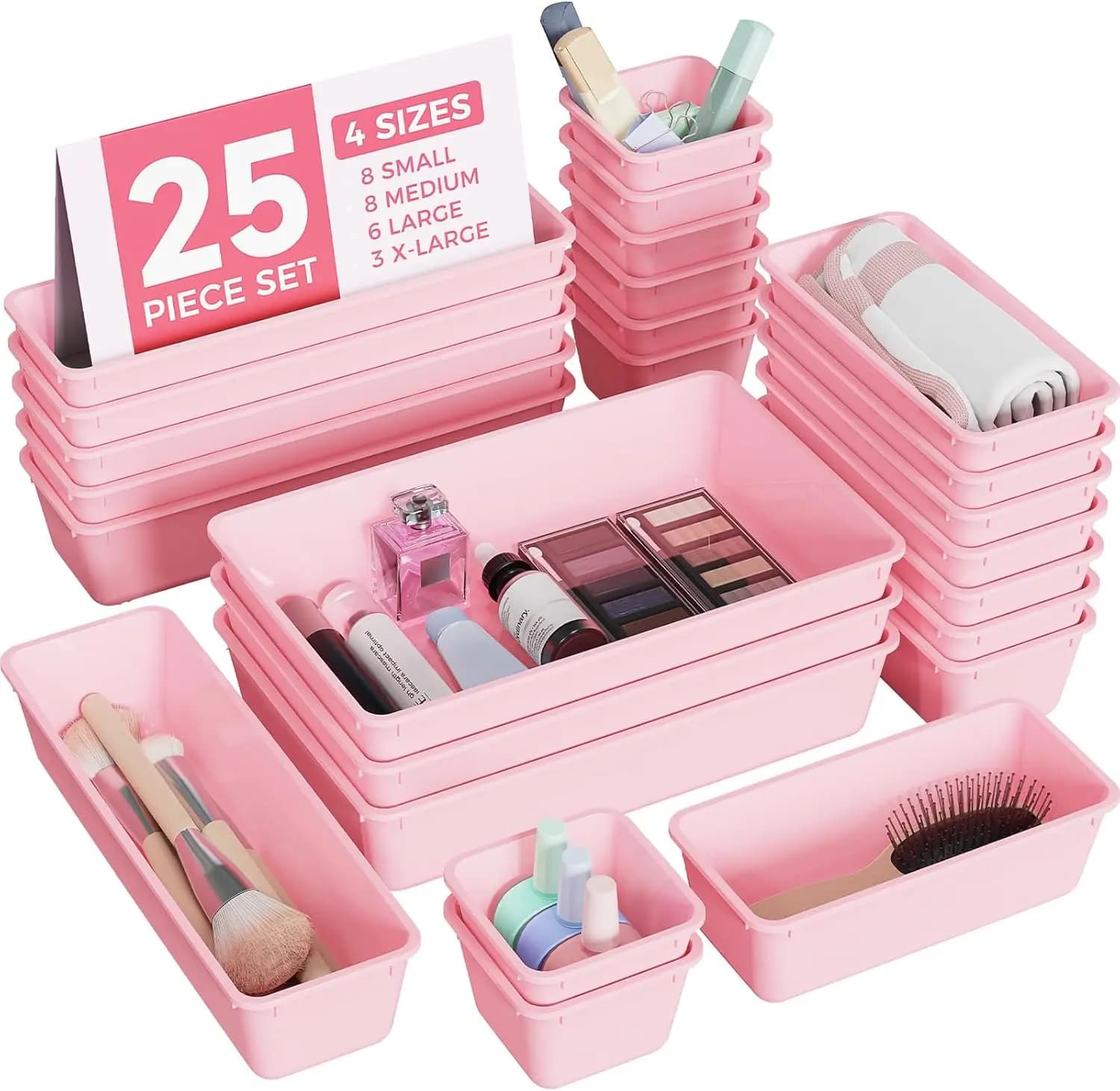 Set di 25 Organizzatori per Cassetti in Plastica, 4 Misure per Trucchi, Gioielli, Gadget, in Rosa