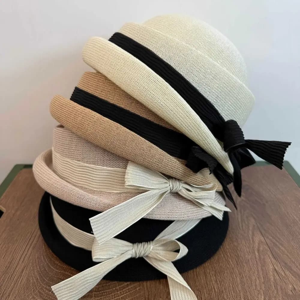 Elegante Cappello a Secchiello da Donna con Fiocco, Stile Hepburn, Sottile Intrecciato, Formale, Protezione Solare, per Ragazza