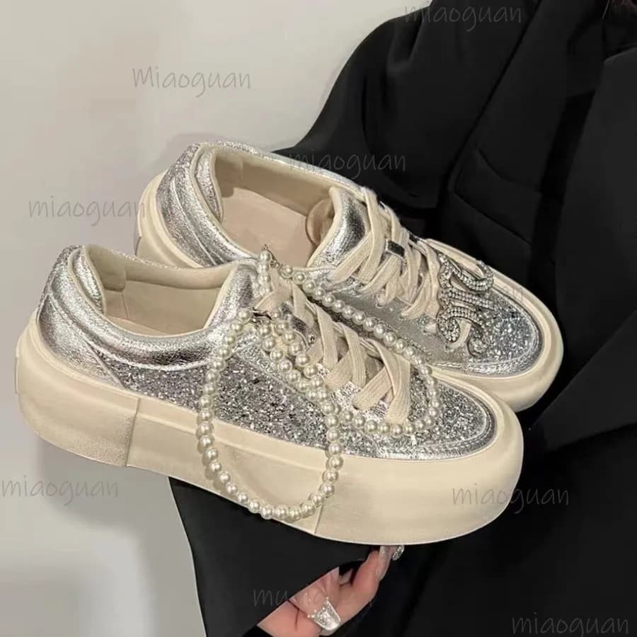 Pearl Decor Thick Bottom Shoes For Woman Shiny 4CM Fashion Street Comfort Sneakers Round Toe Breathable Lightweight Footwears